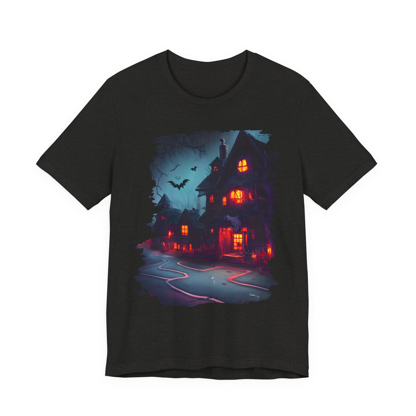 Spooky Halloween Haunted House Tee, Unisex Short Sleeve Shirt, Haunted House Graphic T-Shirt, Halloween Costume Top, Fall Festival Attire