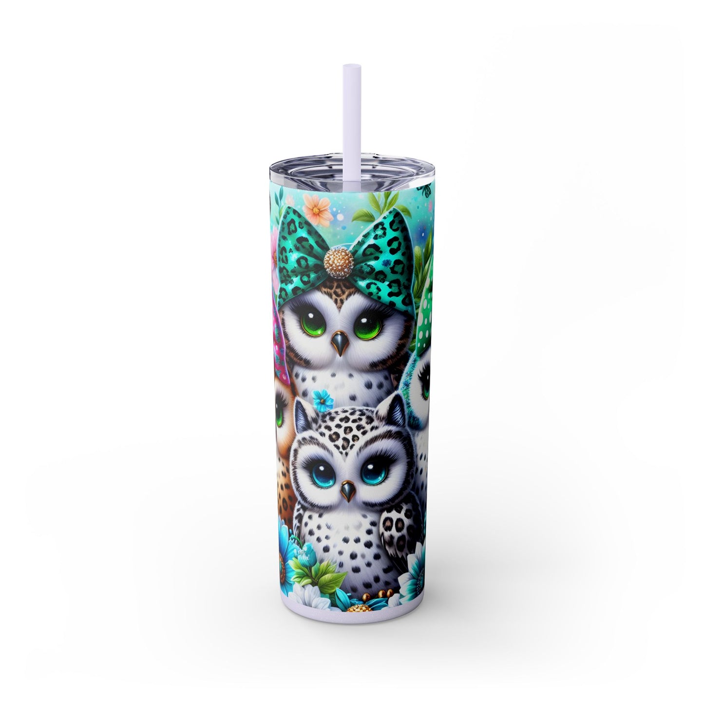 Cute Owls Skinny 20oz Tumbler With Straw, Perfect for Gifts, Floral Design, Drinkware for Owl & Animal Lovers, Travel or Home Use