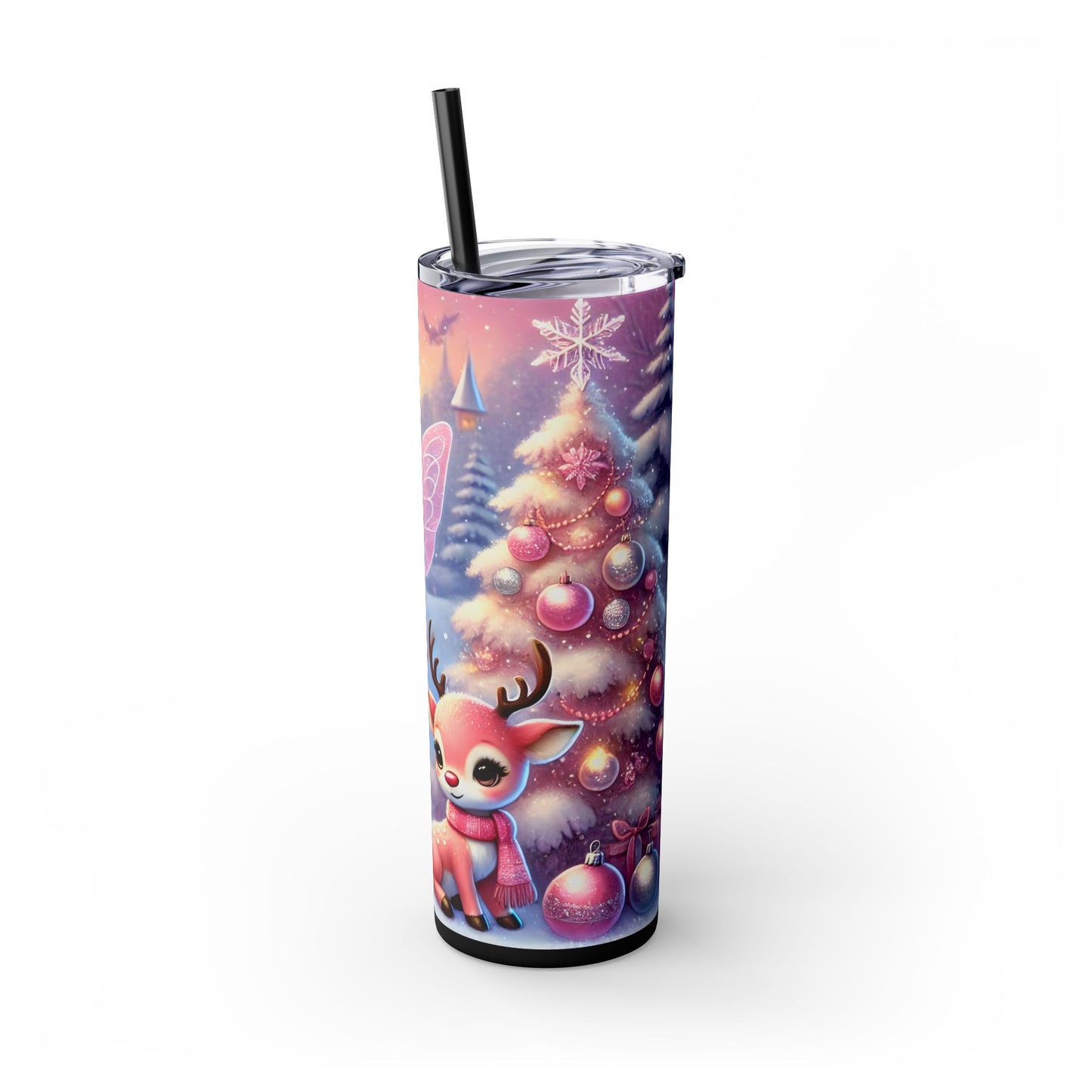Cute Pink Fairy & Reindeer Christmas 20oz Skinny Tumbler with Straw | Holiday Tumbler Gift For Her