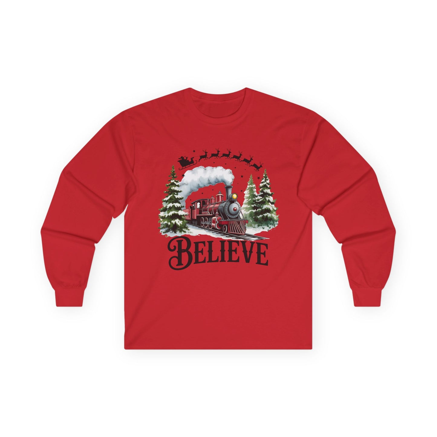 "Believe" Holiday Unisex Long Sleeve Tee | Christmas Shirt, Christmas Train Long Sleeve Shirt