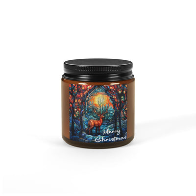 Stained Glass Deer Merry Christmas Soy Wax Amber Jar Christmas Candle | Christmas Variety Scented Candle, Four Different Scents To Choose