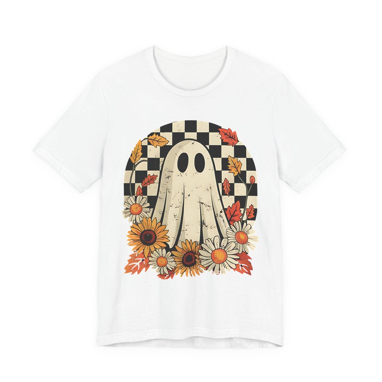 Cute Checkered Ghost Fall Graphic Tee | Unisex Short Sleeve T-Shirt, Halloween Shirt, Floral Graphic Tee, Fall Apparel, Pumpkin Patch Outfit