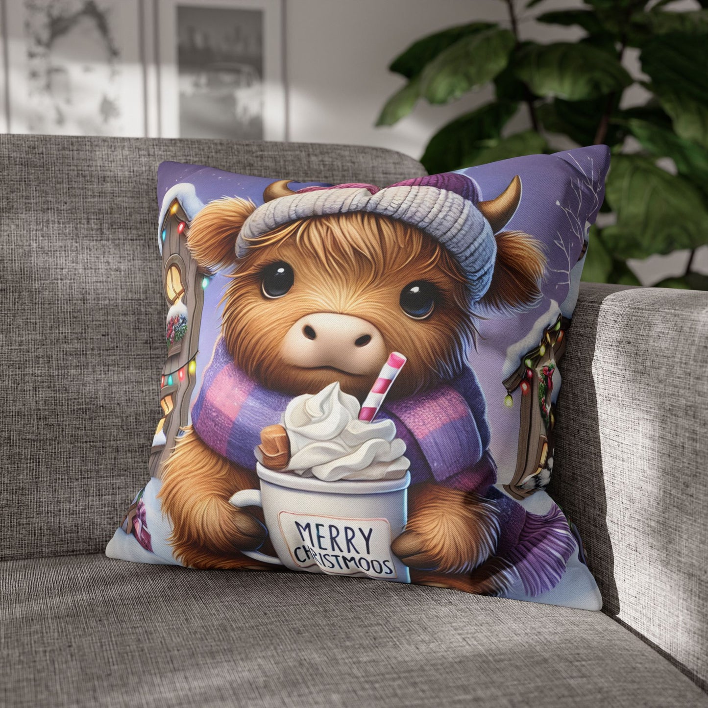 "Merry Christmoos" Cute Higland Cow Christmas Pillowcase | Holiday Decorative Throw Pillow Cover COVER ONLY