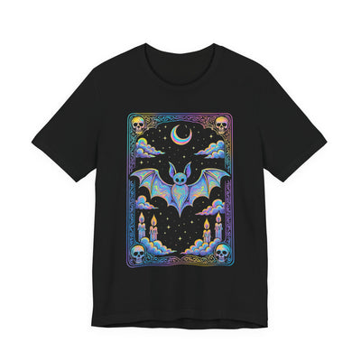 Mystical Bat Tarot Card Tee - Unisex Short Sleeve T-Shirt, Halloween Shirt, Gift for Bat Lovers, Spooky Apparel, Gothic Clothing