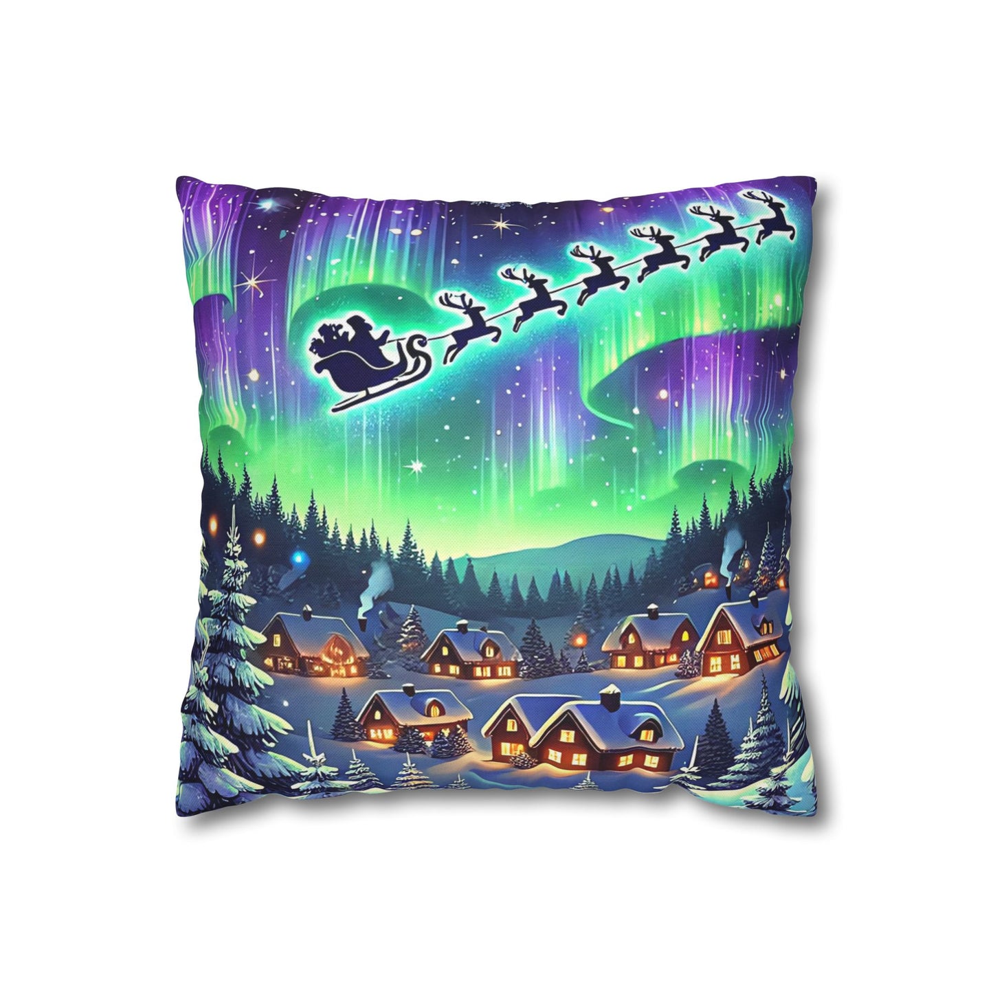 Santa Sleigh Winter Village - Northern Lights Christmas Pillowcase | Holiday Decorative Throw Pillow Cover COVER ONLY