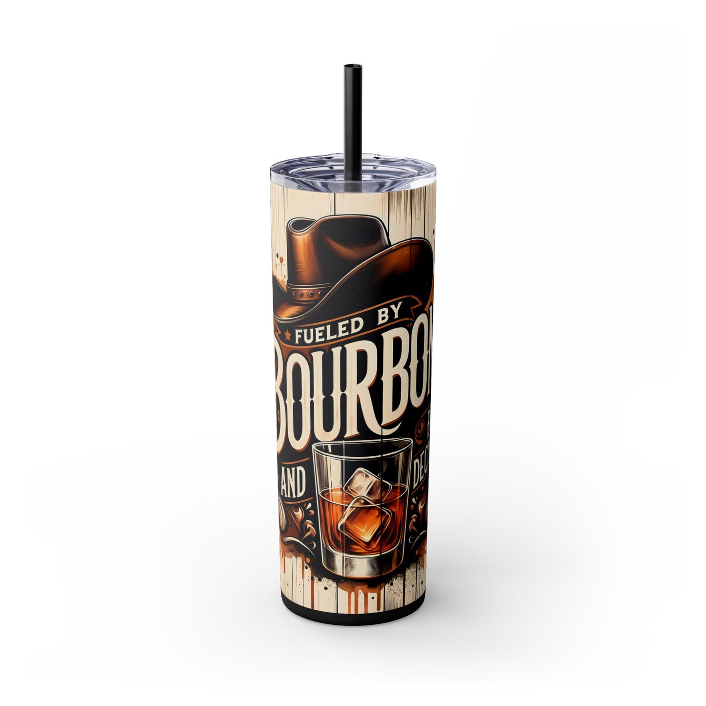 Fueled By Bourbon 20oz Skinny Tumbler With Straw, Perfect Gift for Whiskey Lovers, Travel Mug, Cool Drinkware, Gatherings, Parties