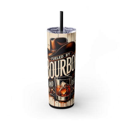 Fueled By Bourbon 20oz Skinny Tumbler With Straw, Perfect Gift for Whiskey Lovers, Travel Mug, Cool Drinkware, Gatherings, Parties
