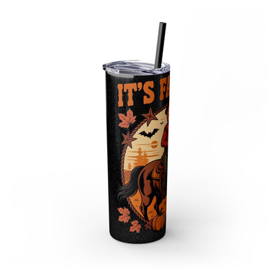 Fall-Themed 20oz Skinny Tumbler With Straw, Autumn Horse Rider Drinkware, Pumpkin Spice Cup, Halloween Gift, Harvest Decor