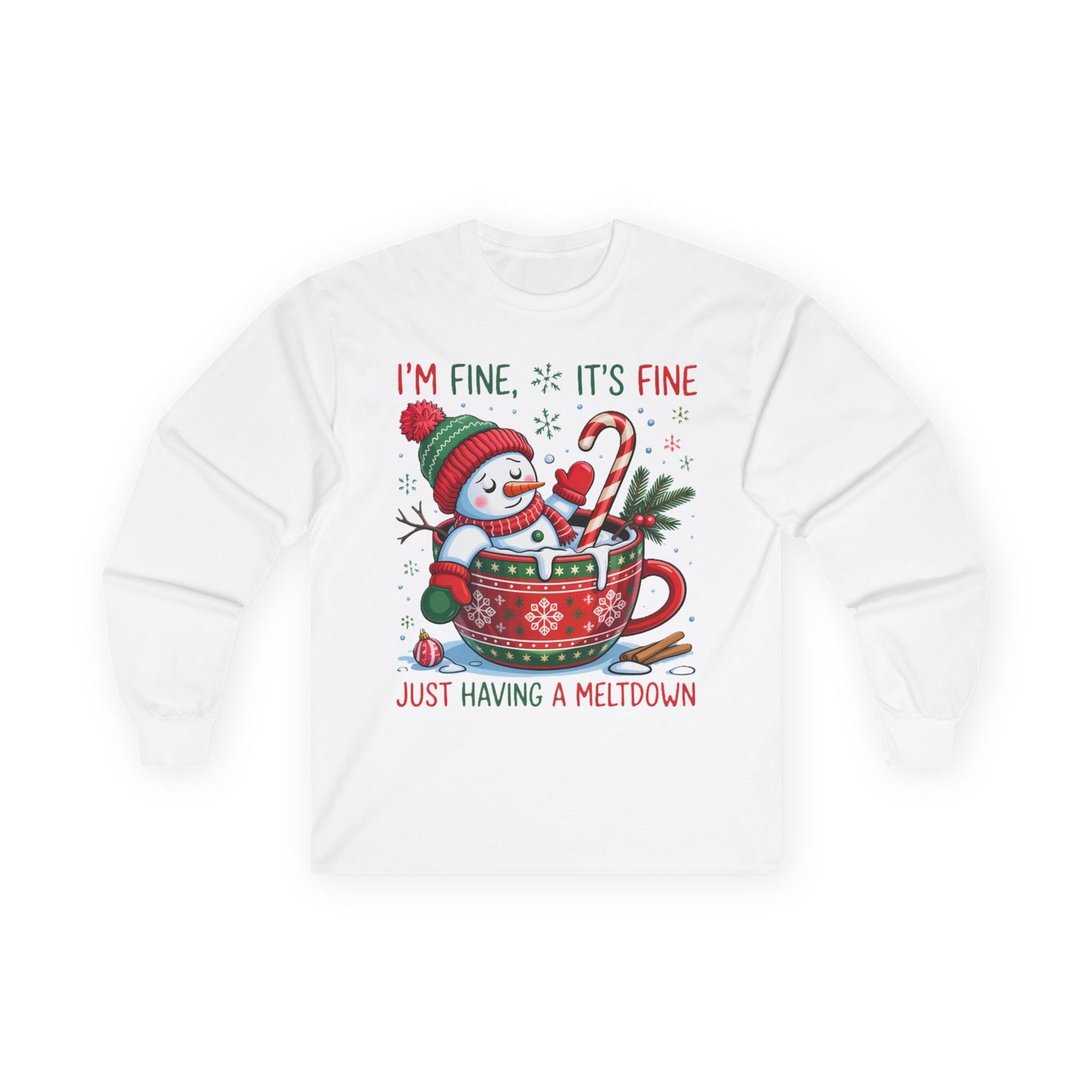 Funny Christmas Unisex Long Sleeve Tee - "I'm Fine, It's Fine, Just Having a Meltdown" | Christmas Shirt, Holiday Wear, Funny Snowman Shirt