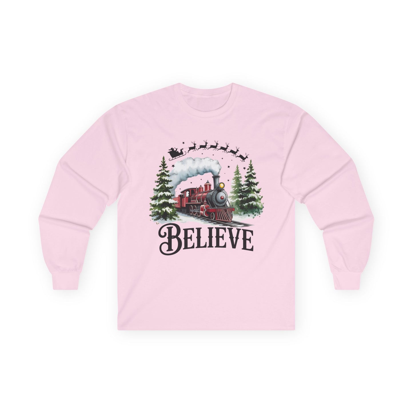 "Believe" Holiday Unisex Long Sleeve Tee | Christmas Shirt, Christmas Train Long Sleeve Shirt
