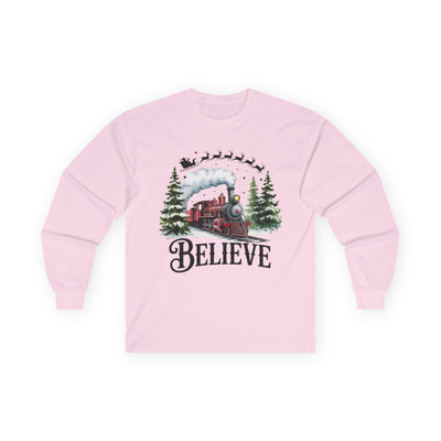 "Believe" Holiday Unisex Long Sleeve Tee | Christmas Shirt, Christmas Train Long Sleeve Shirt