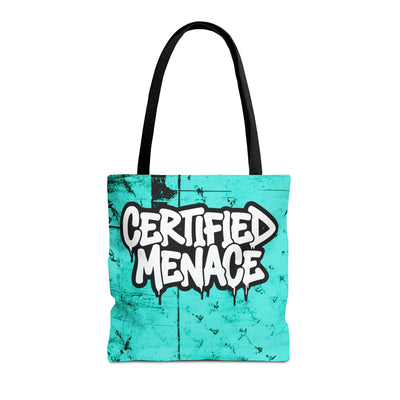 Certified Menace Turquoise Graphic Tote Bag | All Over Print Urban Grunge Streetwear Tote Bag