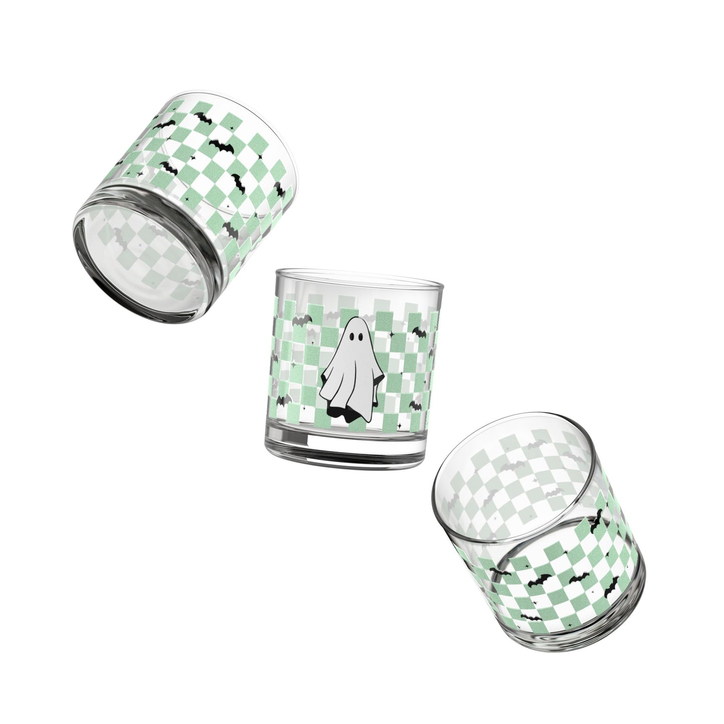 Checkered Ghost Rocks Glass, Spooky Drinkware, Ghost and Bat Design, Perfect for Parties, Unique Gift for Fall Celebrations
