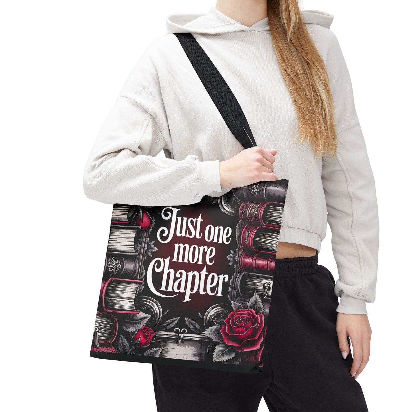 Just One More Chapter Literary Tote Bag, Just One More Chapter Book Lover Gift, Reading Accessory, Gift for Bibliophile, Floral Book Bag, Bookish Tote