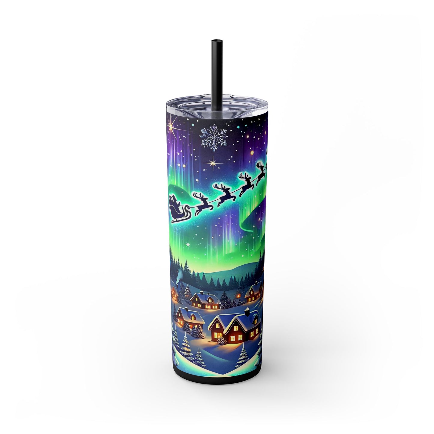 Santa Sleigh Winter Village Northern Lights Christmas 20oz Skinny Tumbler with Straw | Holiday Tumbler Gift For Everyone