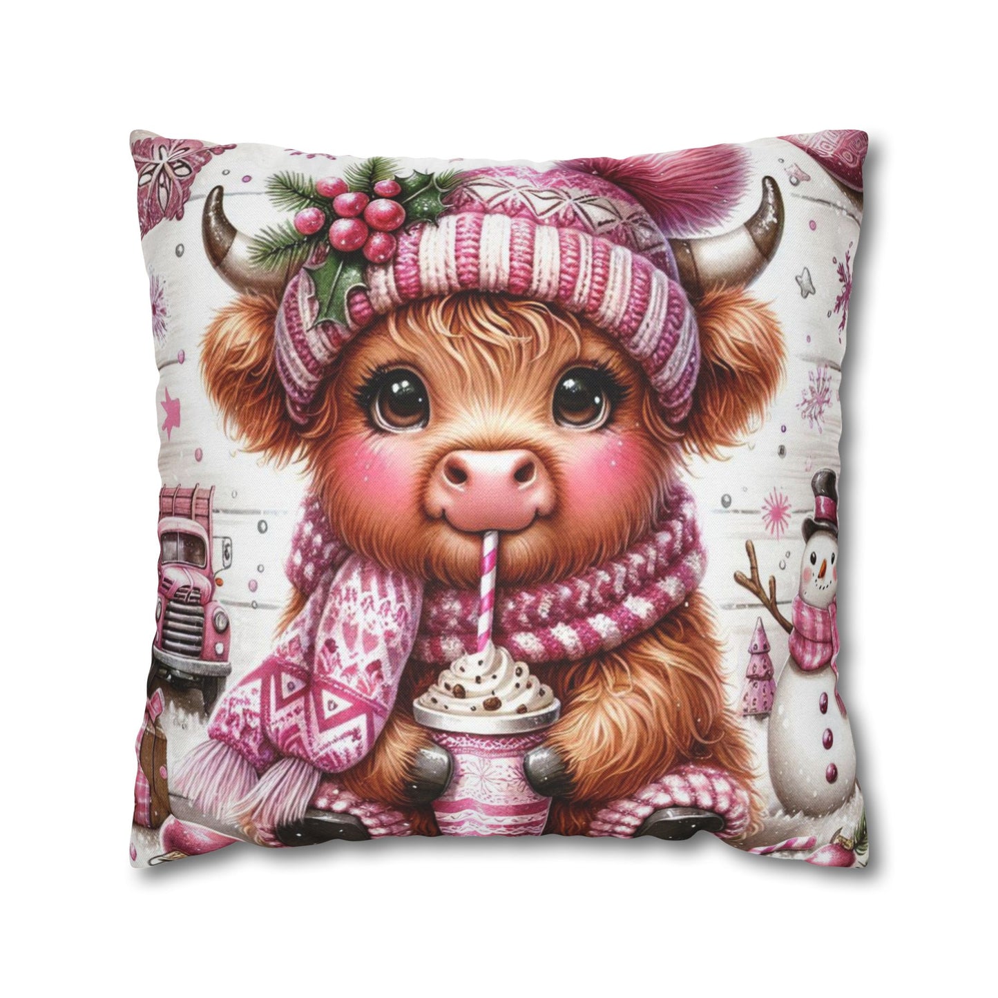 Cute Pink Highland Cow Winter Christmas Pillowcase | Holiday Decorative Throw Pillow Cover COVER ONLY