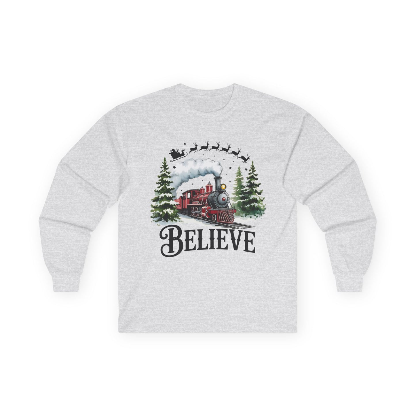 "Believe" Holiday Unisex Long Sleeve Tee | Christmas Shirt, Christmas Train Long Sleeve Shirt