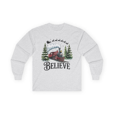 "Believe" Holiday Unisex Long Sleeve Tee | Christmas Shirt, Christmas Train Long Sleeve Shirt