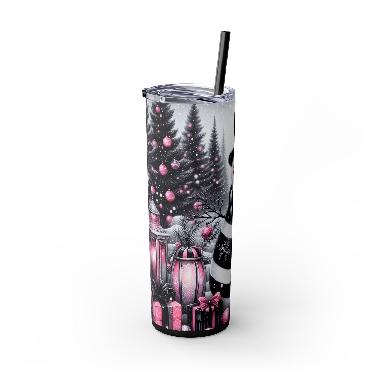 Pink & Black Snowman Goth Christmas 20oz Skinny Tumbler with Straw | Holiday Tumbler Gift For Everyone
