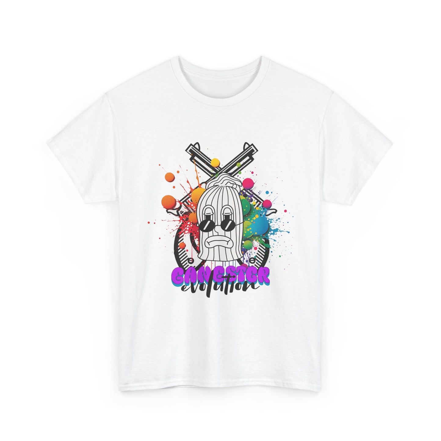 Gangster Graphic Streetwear Tee | Color Splash Ski Mask with Crossed Guns T-Shirt