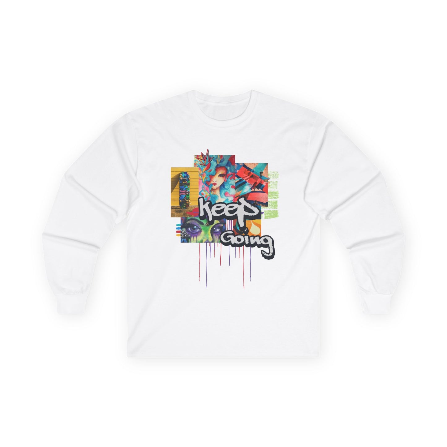 "Keep Going" Streetwear Art Collage Unisex Long Sleeve Tee | Streetwear Long Sleeved Shirt, Urban Clothing