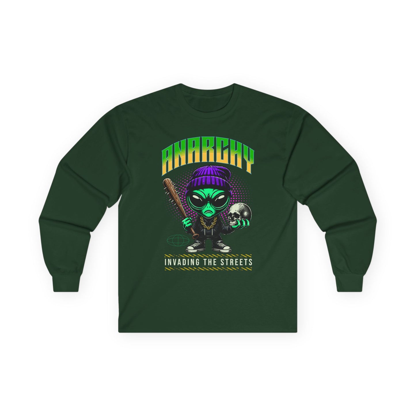 Anarchy Alien Long Sleeve Tee | Cartoon Alien with Bat & Skull Streetwear Shirt