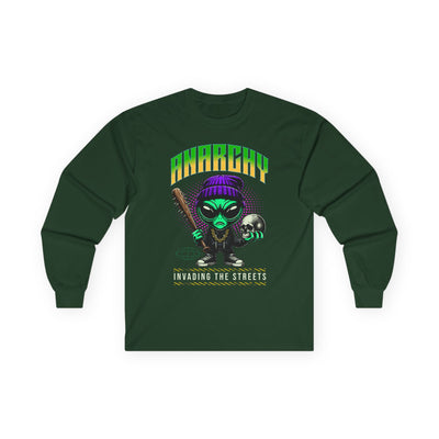 Anarchy Alien Long Sleeve Tee | Cartoon Alien with Bat & Skull Streetwear Shirt