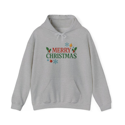 Merry Christmas Holly & Ornaments Hoodie | Christmas Festive Holiday Hooded Sweatshirt