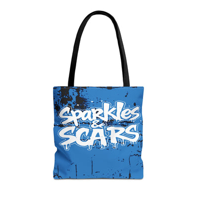 Sparkles & Scars Blue Graffiti Tote | All Over Print Urban Grunge Streetwear Tote Bag
