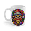 Festive Owl 11oz Christmas Mug  - Holiday Cheer Coffee Cup with Colorful Stained Glass Design