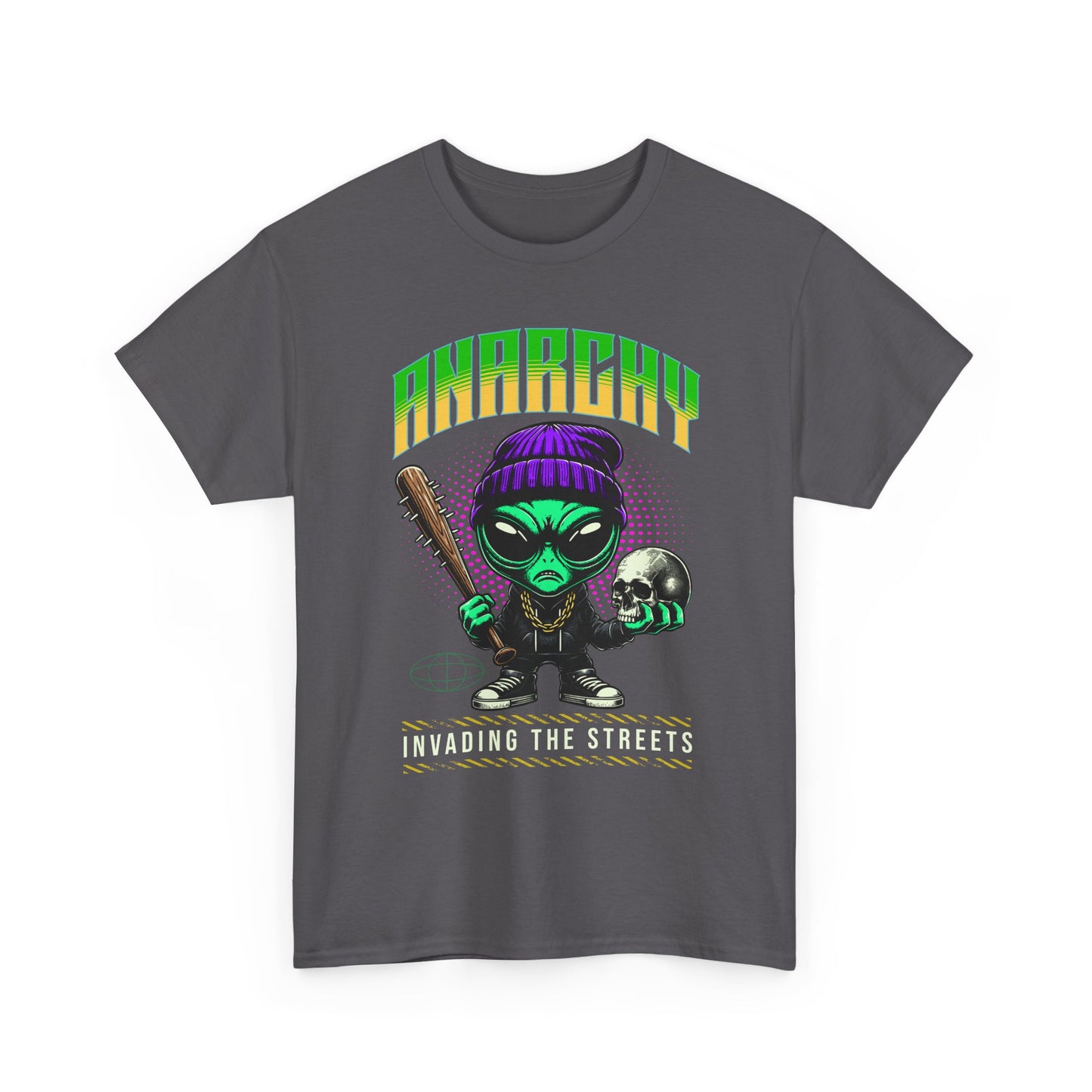 Anarchy Alien Graphic Tee | Cartoon Alien with Bat & Skull Streetwear T-Shirt