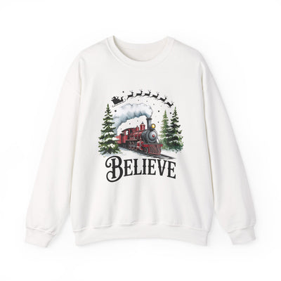 Believe Christmas Train Unisex Crewneck Sweatshirt | Cozy Christmas Holiday Graphic Pullover