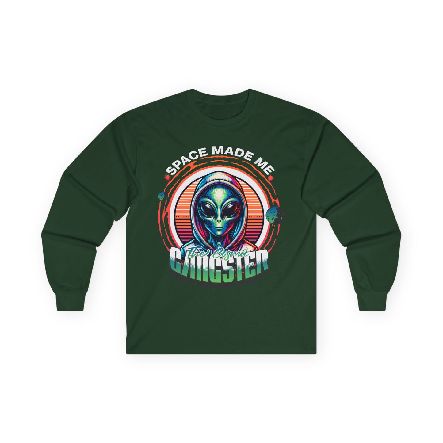 Alien Gangster Long Sleeve Tee | "Space Made Me Gangster" Retro UFO Graphic Sci‑Fi Shirt