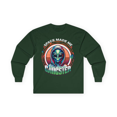 Alien Gangster Long Sleeve Tee | "Space Made Me Gangster" Retro UFO Graphic Sci‑Fi Shirt
