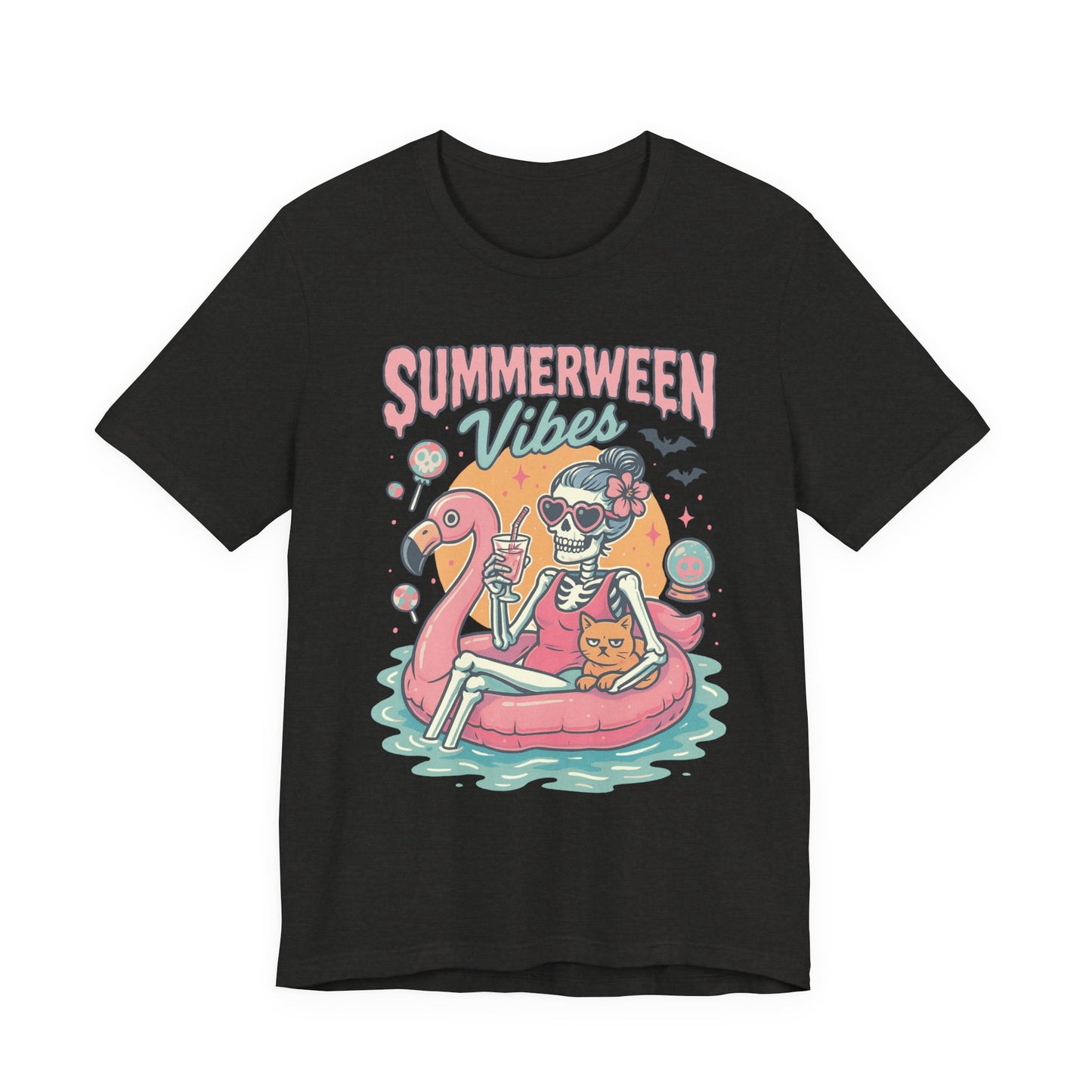 Summerween Vibes Skeleton Tee, Unisex Summer Shirt, Cute Halloween T-Shirt, Fun Seasonal Apparel, Gift for Halloween Lovers