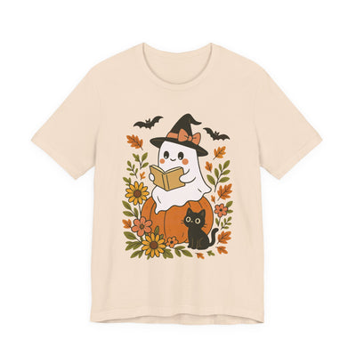 Adorable Halloween Ghost Tee, Unisex Jersey Short Sleeve, Spooky Shirt, Fall Fashion, Trick or Treat Tee, Cat Lover Gift, Book Worm Shirt