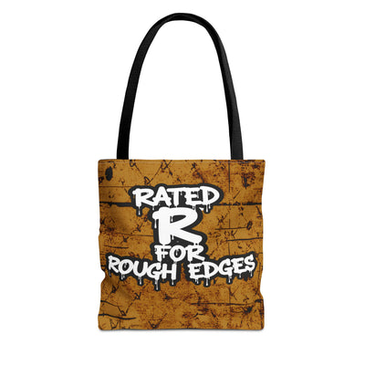 "Rated R for Rough Edges" Orange Grunge Canvas Tote | All Over Print Urban Streetwear Tote Bag