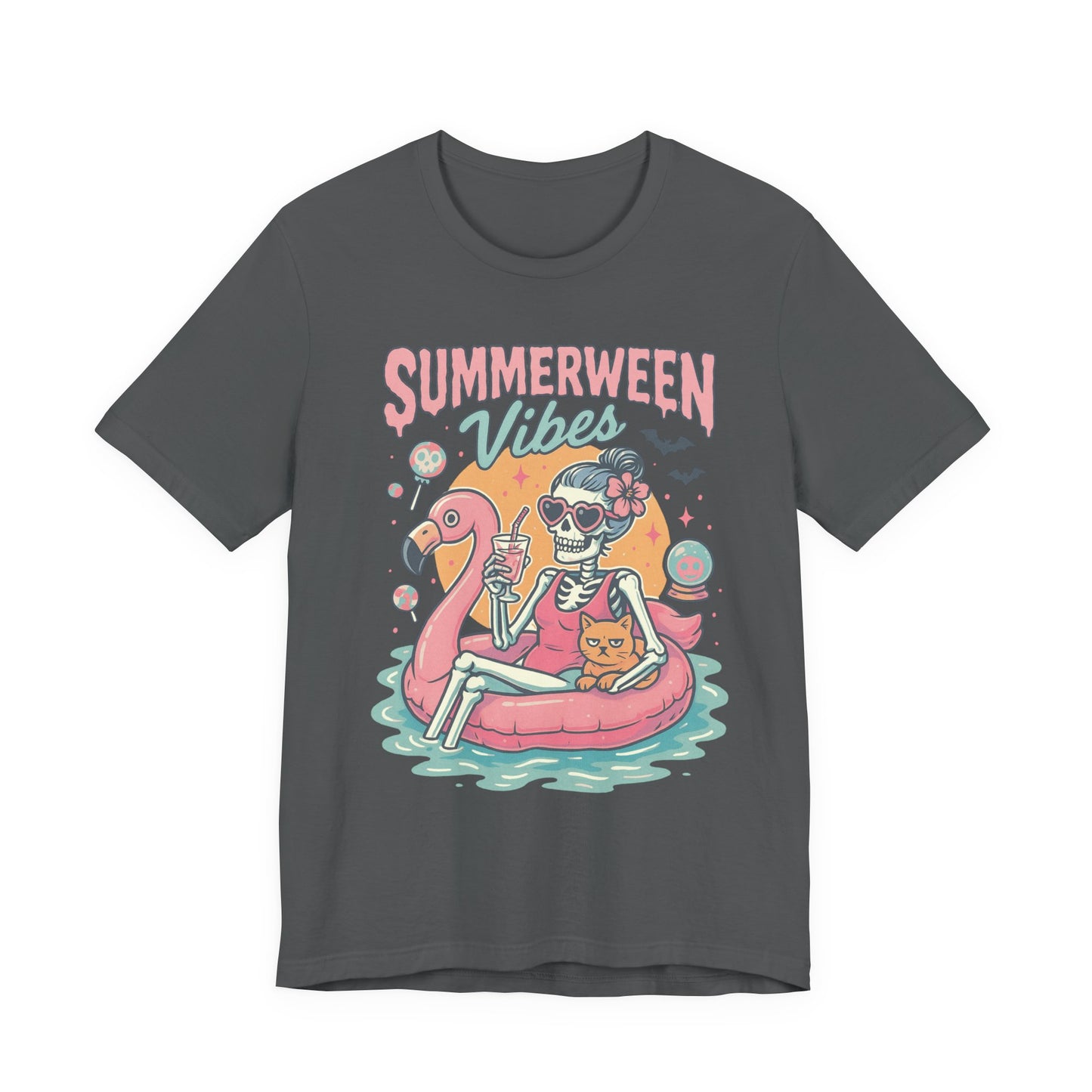Summerween Vibes Skeleton Tee, Unisex Summer Shirt, Cute Halloween T-Shirt, Fun Seasonal Apparel, Gift for Halloween Lovers