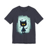 Mysterious Cat Tee for Cat Lovers, Perfect for Halloween, Casual Wear, Gift for Friends, Unisex Short Sleeve Shirt