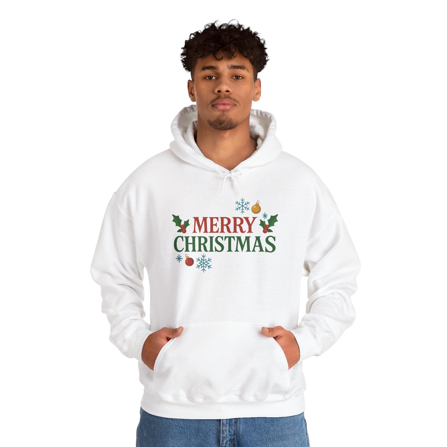 Merry Christmas Holly & Ornaments Hoodie | Christmas Festive Holiday Hooded Sweatshirt
