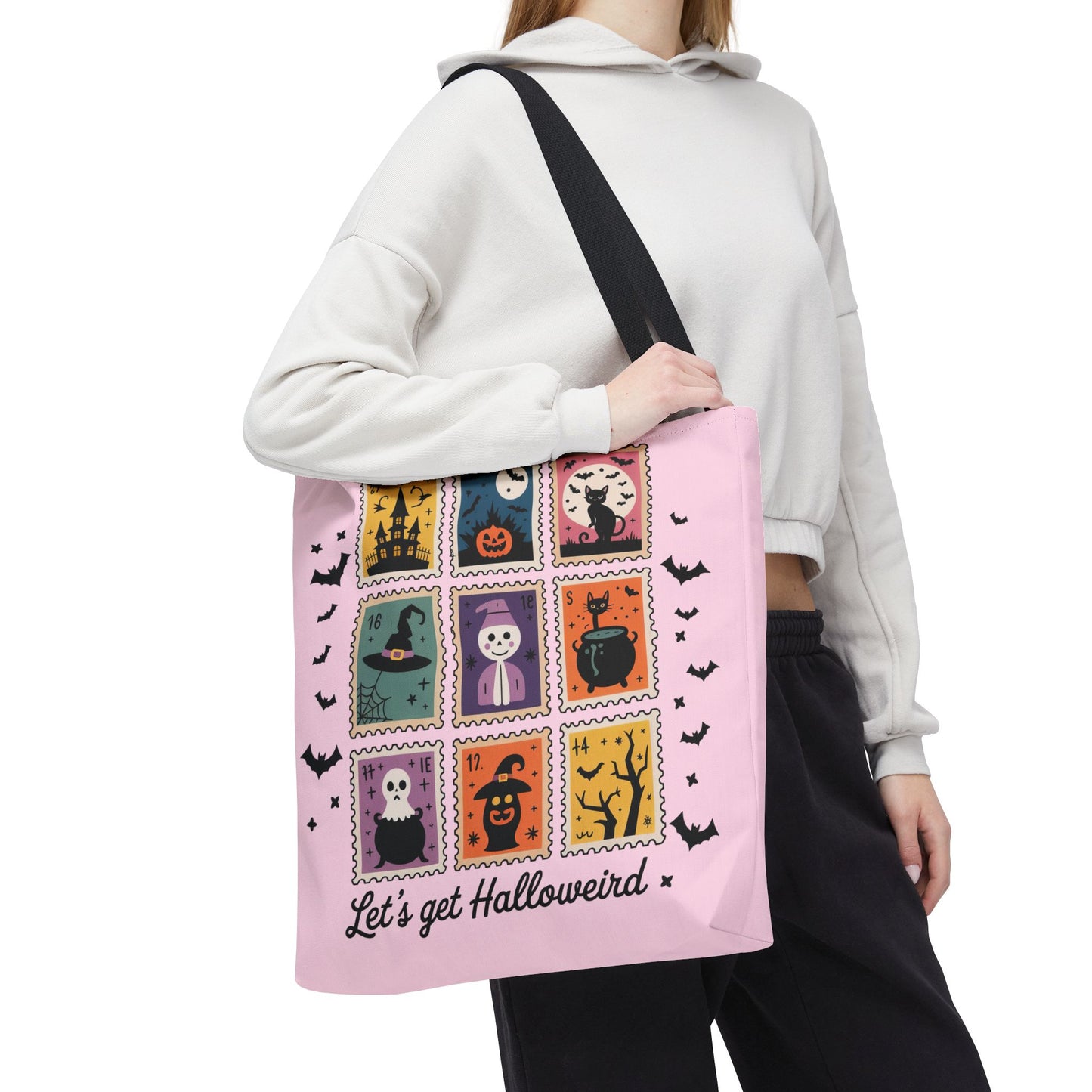 Halloween Stamps Themed Tote Bag, Spooky Cute Design, Trick or Treat Bag, Fall Festival Tote, Haunted House Gift, Halloween Decor