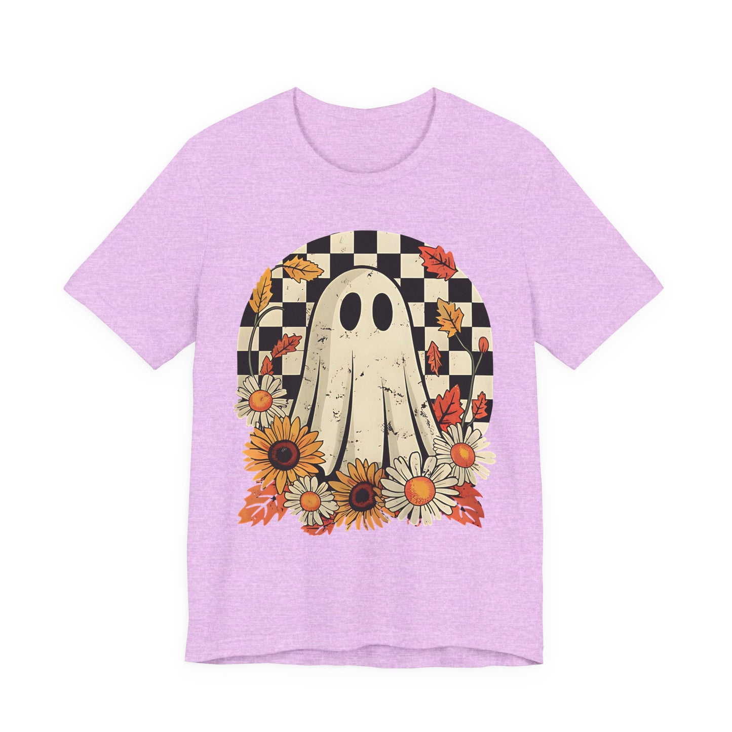 Cute Checkered Ghost Fall Graphic Tee | Unisex Short Sleeve T-Shirt, Halloween Shirt, Floral Graphic Tee, Fall Apparel, Pumpkin Patch Outfit