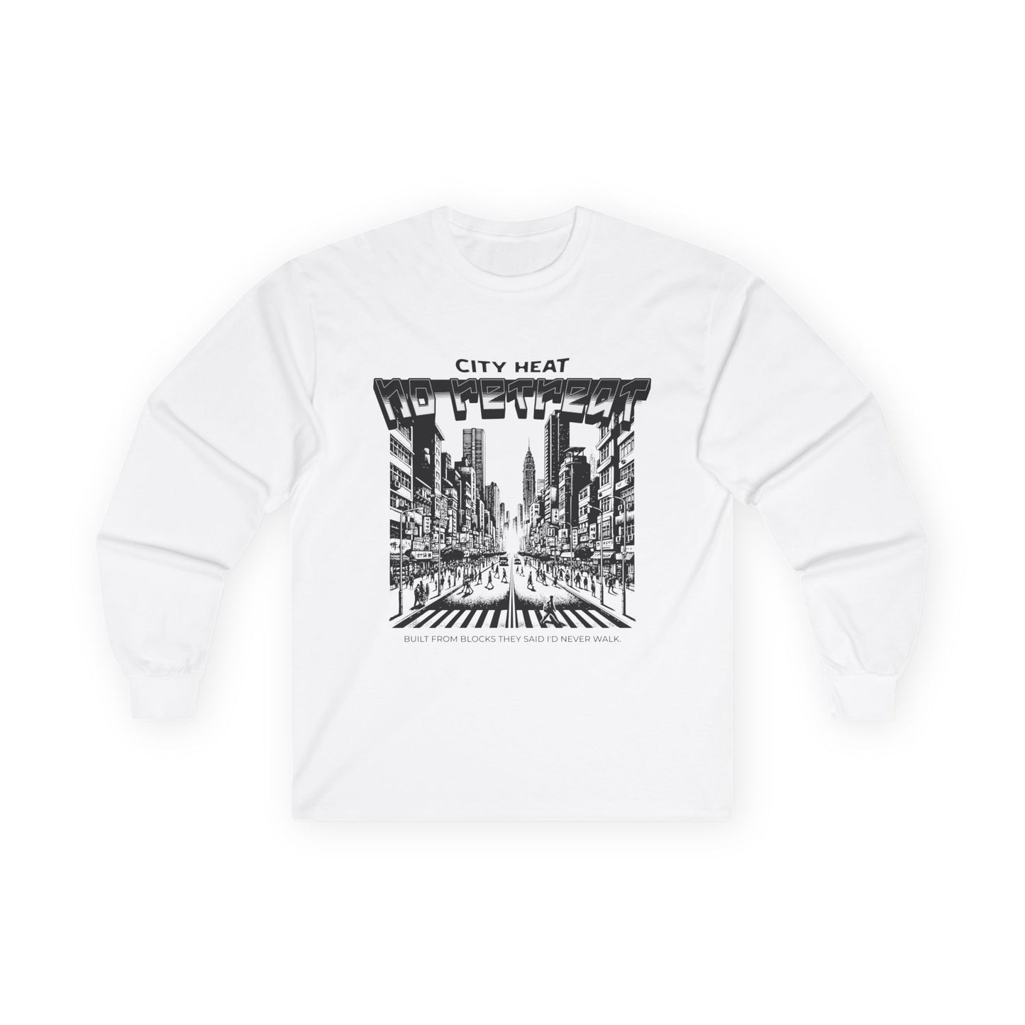 City Heat Graphic Long Sleeve Tee | Black & White Urban Skyline Streetwear Shirt