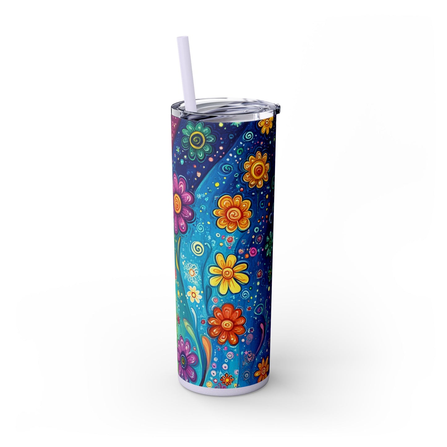 Vibrant Floral 20oz Skinny Tumbler With Straw, Colorful Water Bottle, Flower Drinkware, Boho Style Cup, Summer Vibes, Everyday Travel Cup