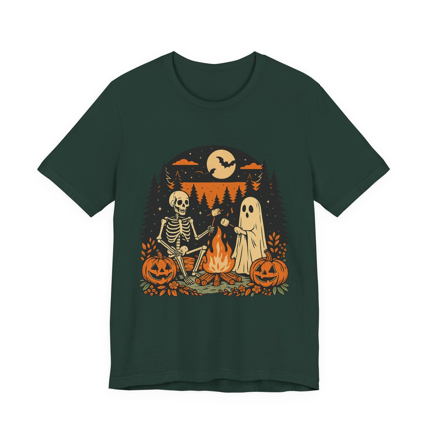 Autumn Campfire Halloween Ghost & Skeleton Tee, Unisex Halloween Shirt, Party T-Shirt, Spooky Season Apparel, Fall Festive Top, Ghoulish Graphic Tee