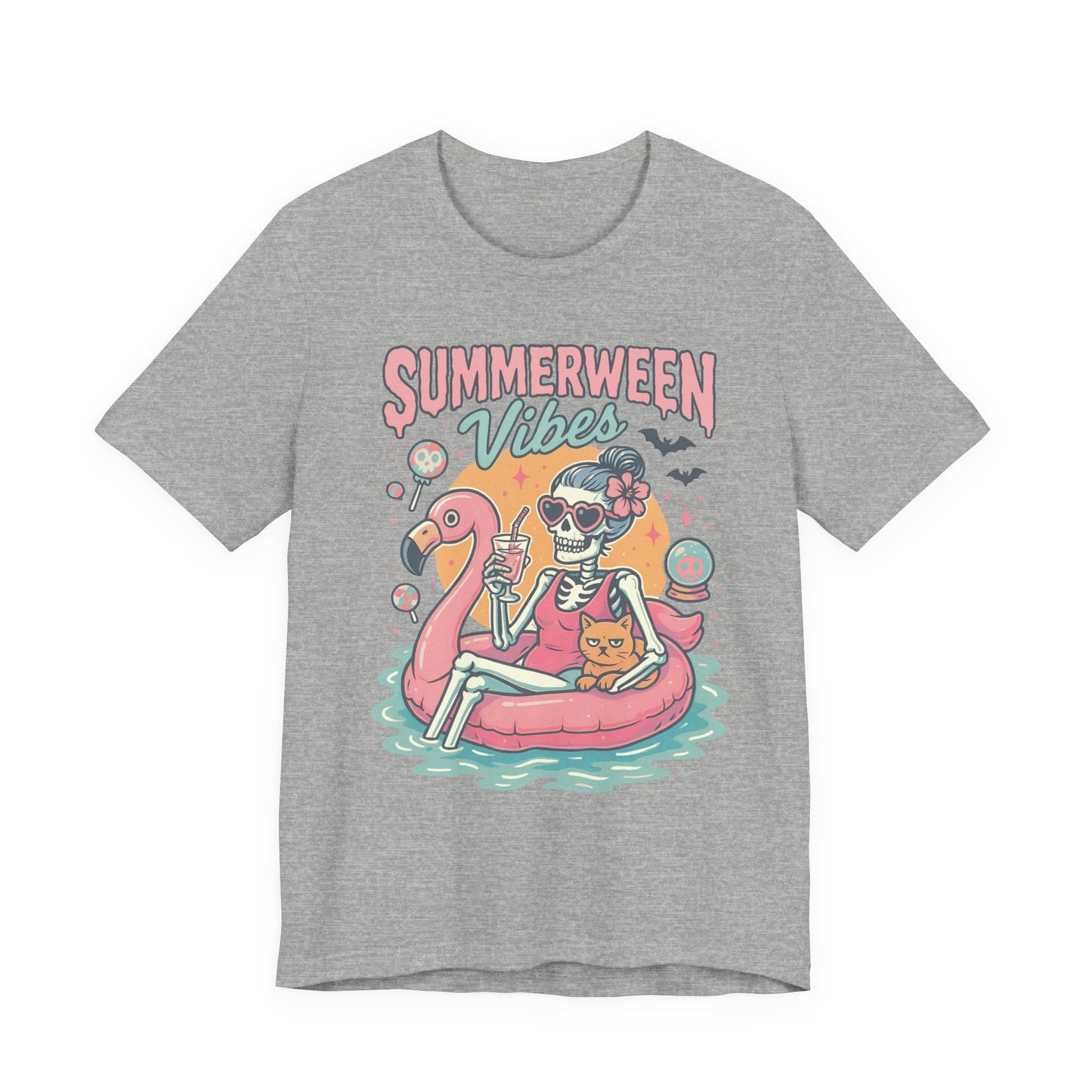 Summerween Vibes Skeleton Tee, Unisex Summer Shirt, Cute Halloween T-Shirt, Fun Seasonal Apparel, Gift for Halloween Lovers