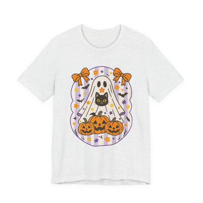 Halloween Ghost & Cat Graphic Tee | Unisex Short Sleeve T-Shirt, Cute Ghost Tee, Spooky Season Apparel, Fall Festivity Clothing