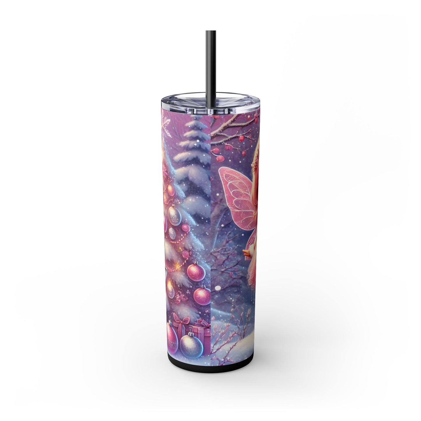 Cute Pink Fairy & Reindeer Christmas 20oz Skinny Tumbler with Straw | Holiday Tumbler Gift For Her