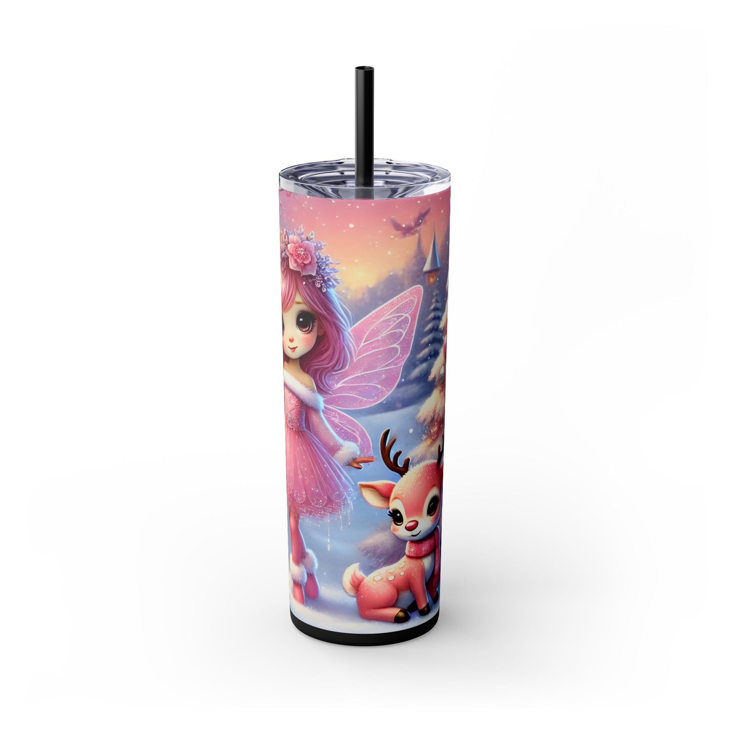 Cute Pink Fairy & Reindeer Christmas 20oz Skinny Tumbler with Straw | Holiday Tumbler Gift For Her