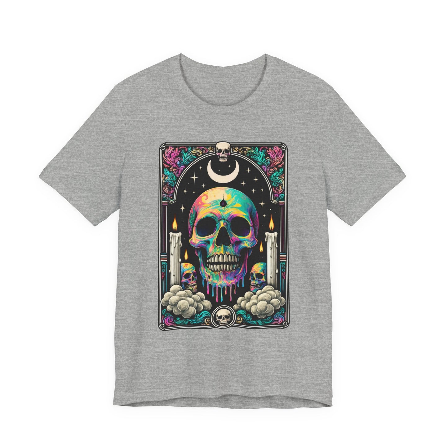Tarot Card Skull Graphic Tee, Unisex T-Shirt for Halloween, Festival Wear, Party Shirt, Gifts for Him/Her, Casual Streetwear